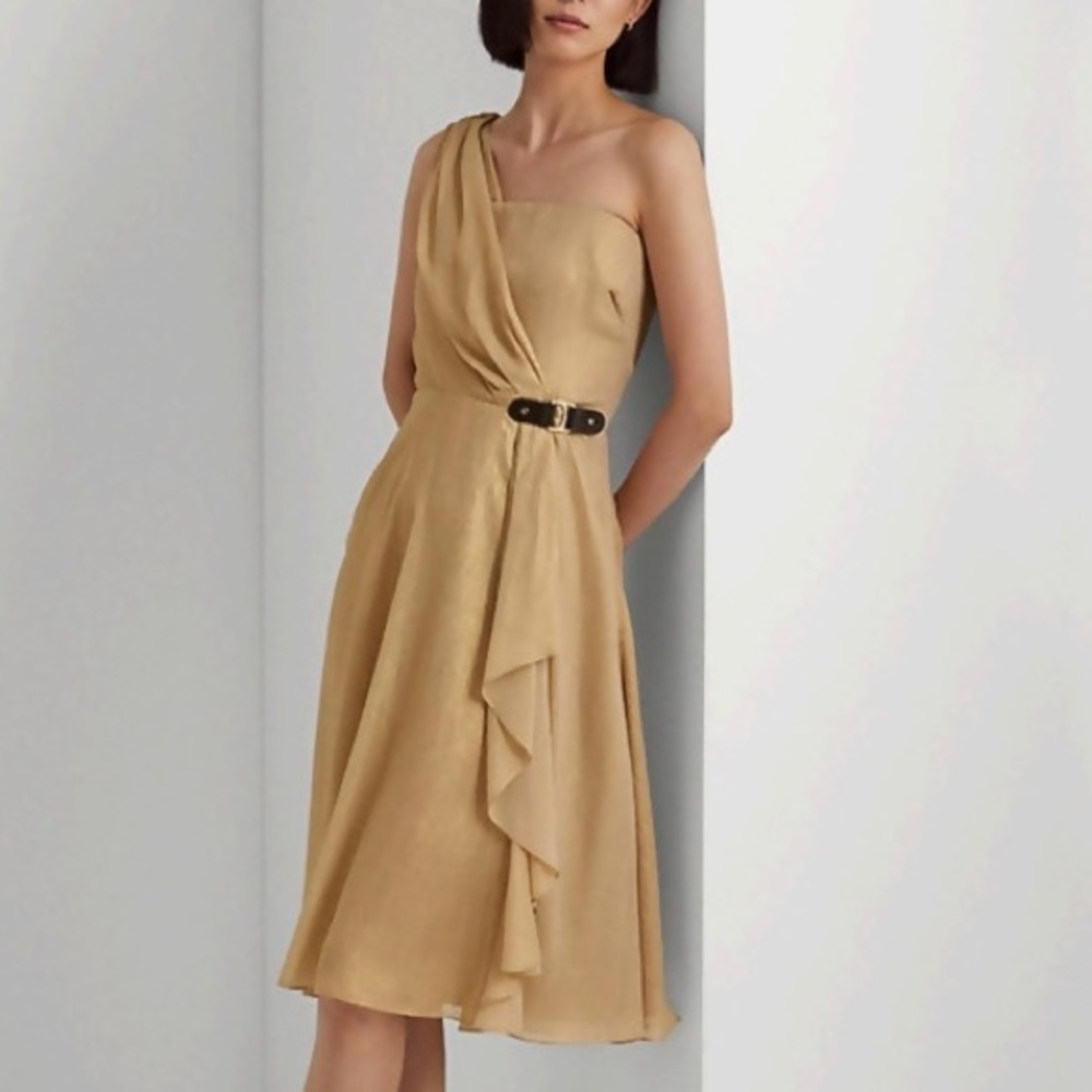 NWT Lauren Ralph Lauren Buckle-Trim Metallic Chiffon Cocktail Dress Size 12